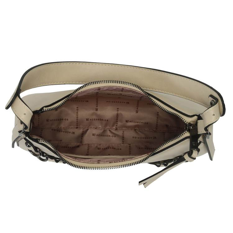 Visão superior interna da bolsa com forro estampado e bolso interno com zíper